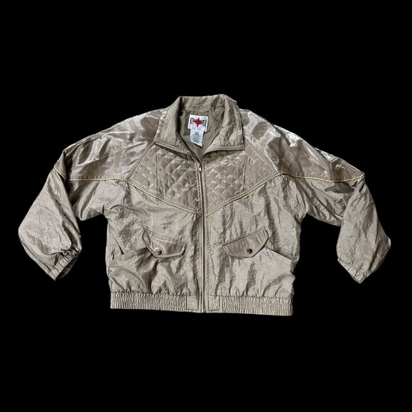 Vintage Windbreaker Jacket 1990s Womens Quilted Shoulders Large Petite Tan Gold - Picture 2 of 9